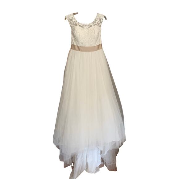 David’s Bridal Ivory Tulle Wedding Dress Lace Illusion Cap Sleeves WG3741 Sz 10 - Picture 4 of 15